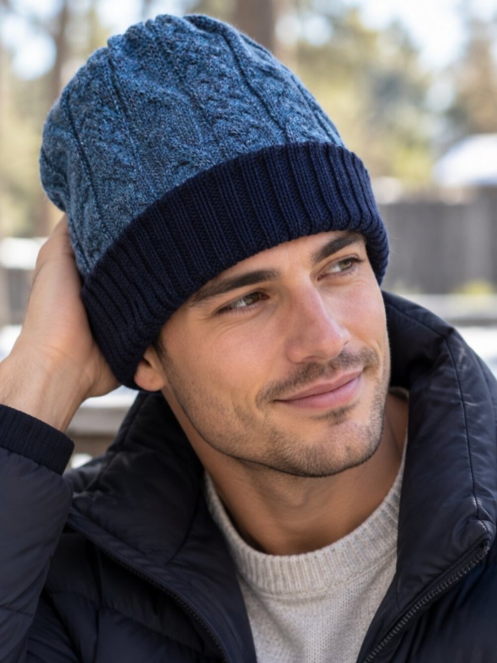Uriah 100% Baby Alpaca Reversible Beanie Unisex Navy Blue Gray NWT
